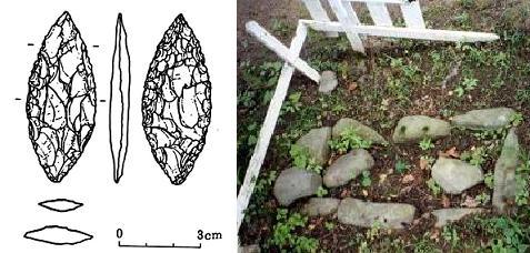 （写真）海営宮池で発見された尖頭器と男里遺跡