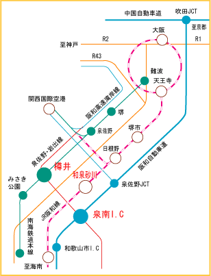 （地図）金熊寺梅林への交通−電車及び自動車道の路線図