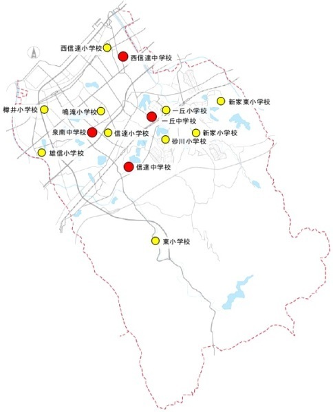 泉南市内の小中学校位置図