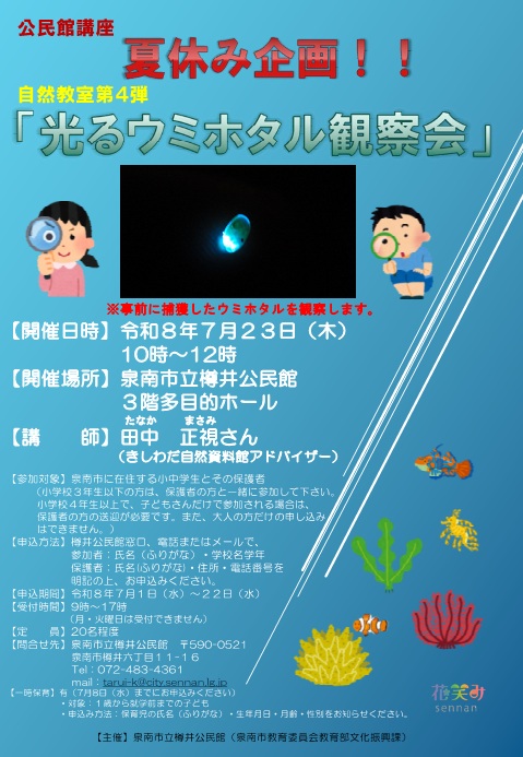 夏休み企画！！自然教室第4弾！！公民館講座「光るウミホタル観察会」